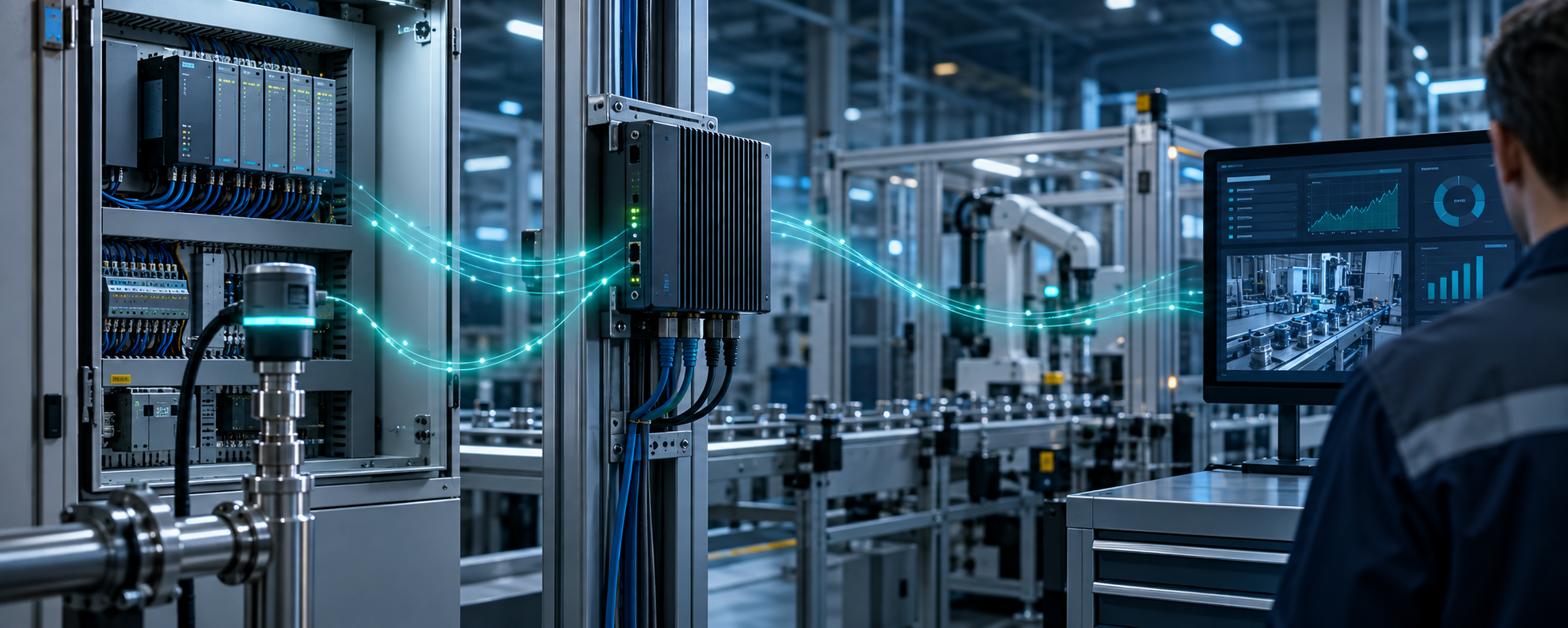 Illustration of a factory sensor and PLC connected through an edge gateway to a monitoring dashboard